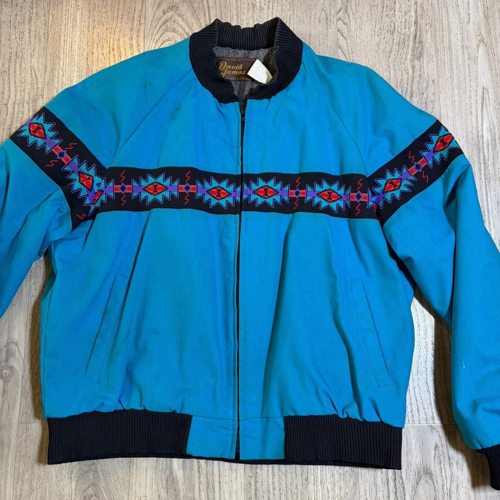 David James 90s Vtg Southwestern Western Bomber Jacket Teal Turquoise‎ punchy XL